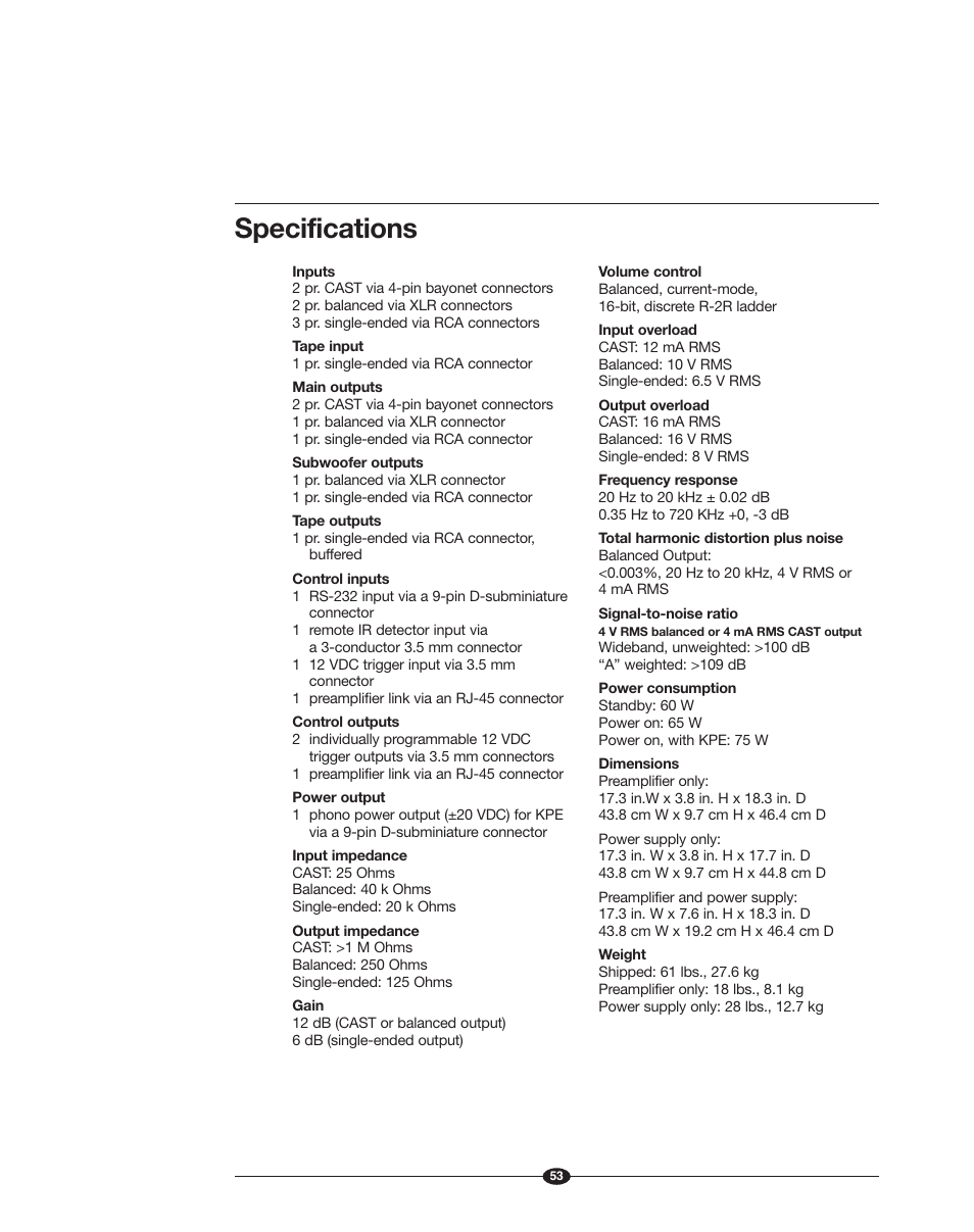 Specifications | Krell Phantom Manual User Manual | Page 53 / 54