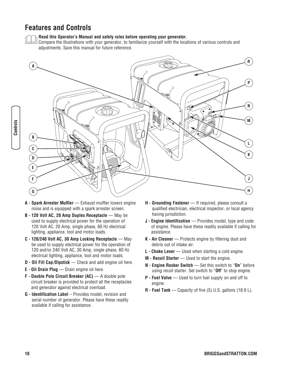 Features and controls | Briggs & Stratton 206494GS User Manual | Page 10 / 48