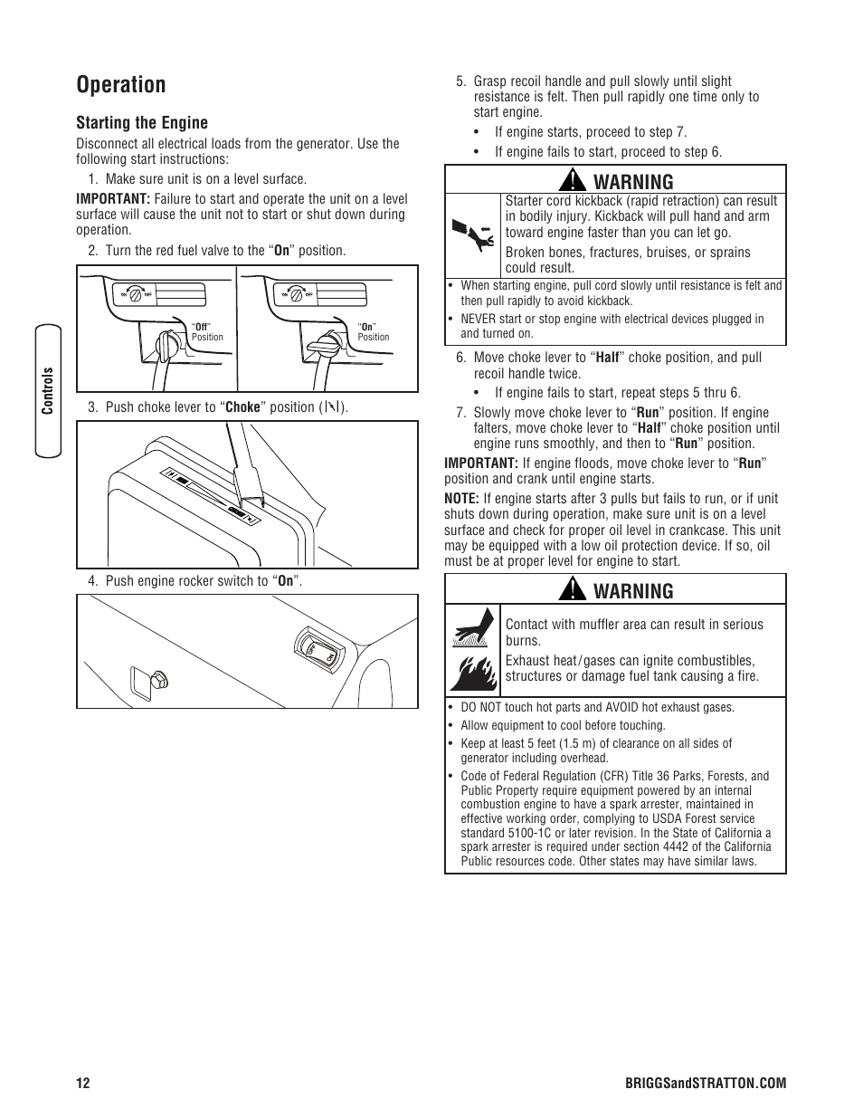 Operation, Starting the engine, Warning | Briggs & Stratton 206494GS User Manual | Page 12 / 48