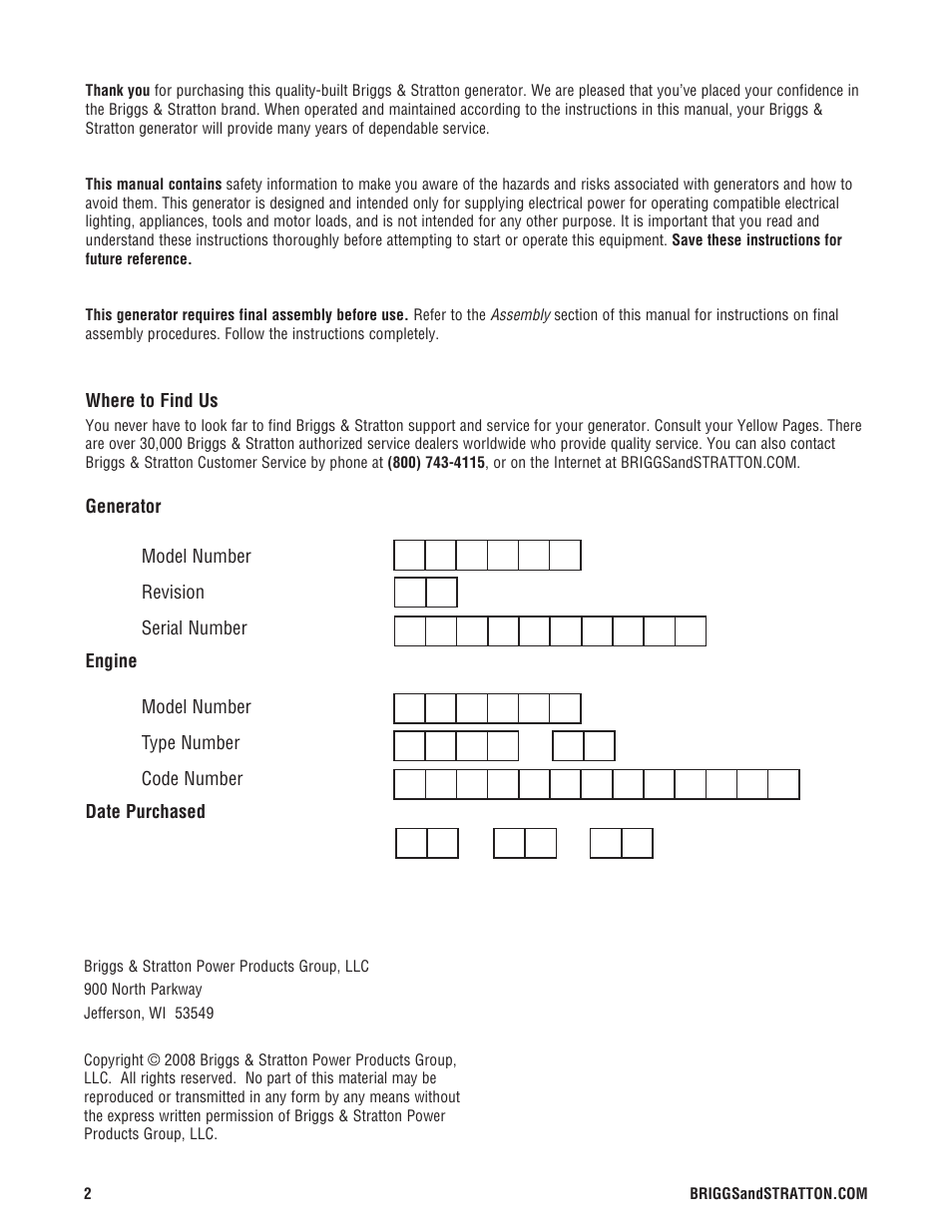 Briggs & Stratton 206494GS User Manual | Page 2 / 48