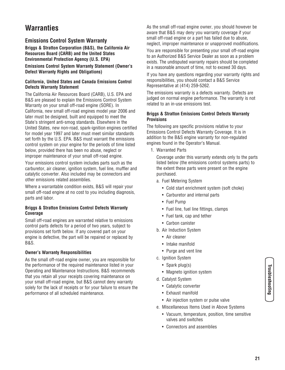 Warranties, Emissions control system warranty | Briggs & Stratton 206494GS User Manual | Page 21 / 48