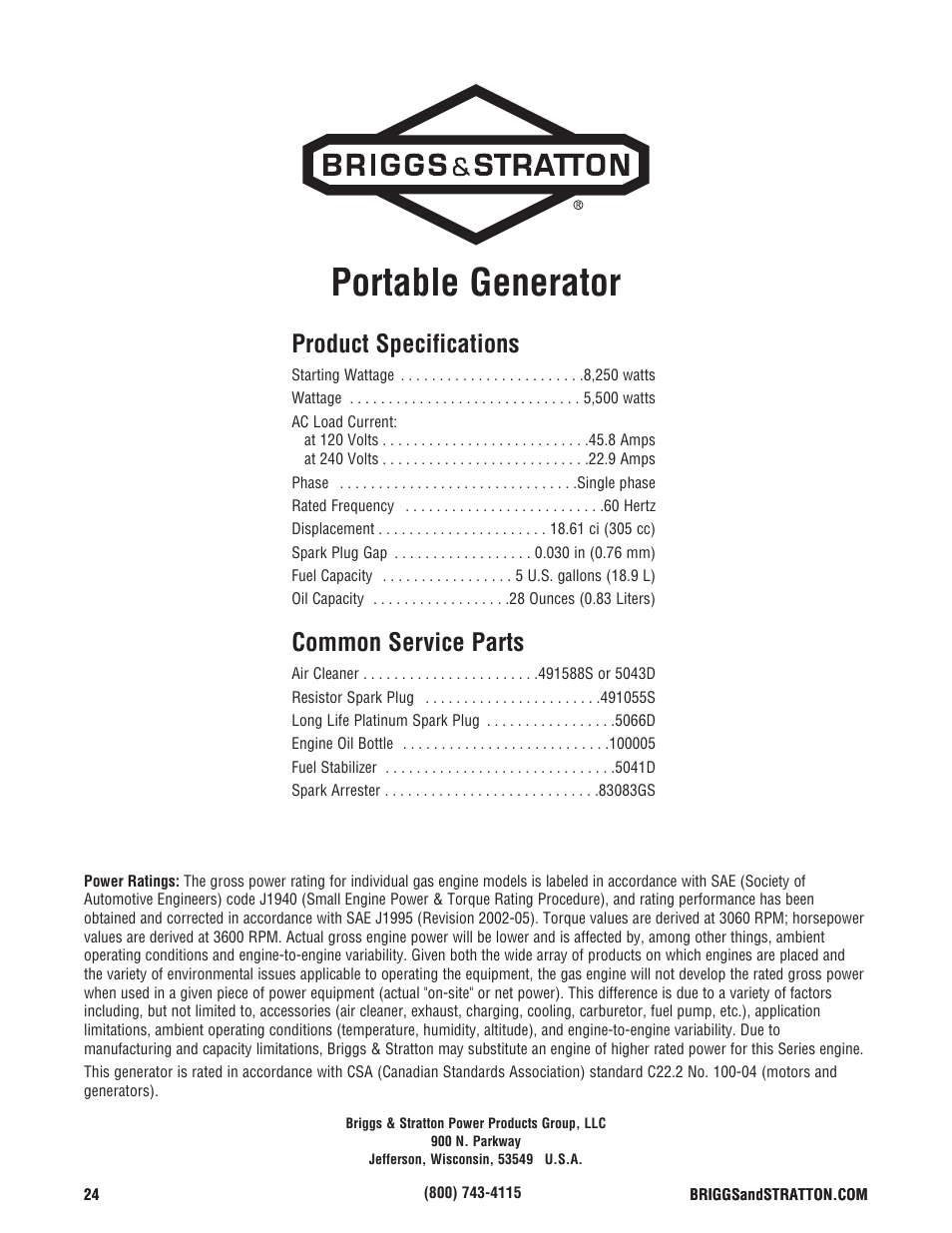 Portable generator, Product specifications, Common service parts | Briggs & Stratton 206494GS User Manual | Page 24 / 48