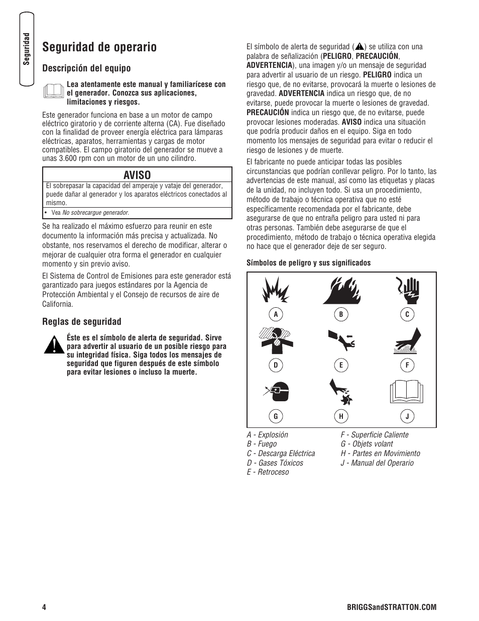 Seguridad de operario, Aviso | Briggs & Stratton 206494GS User Manual | Page 28 / 48