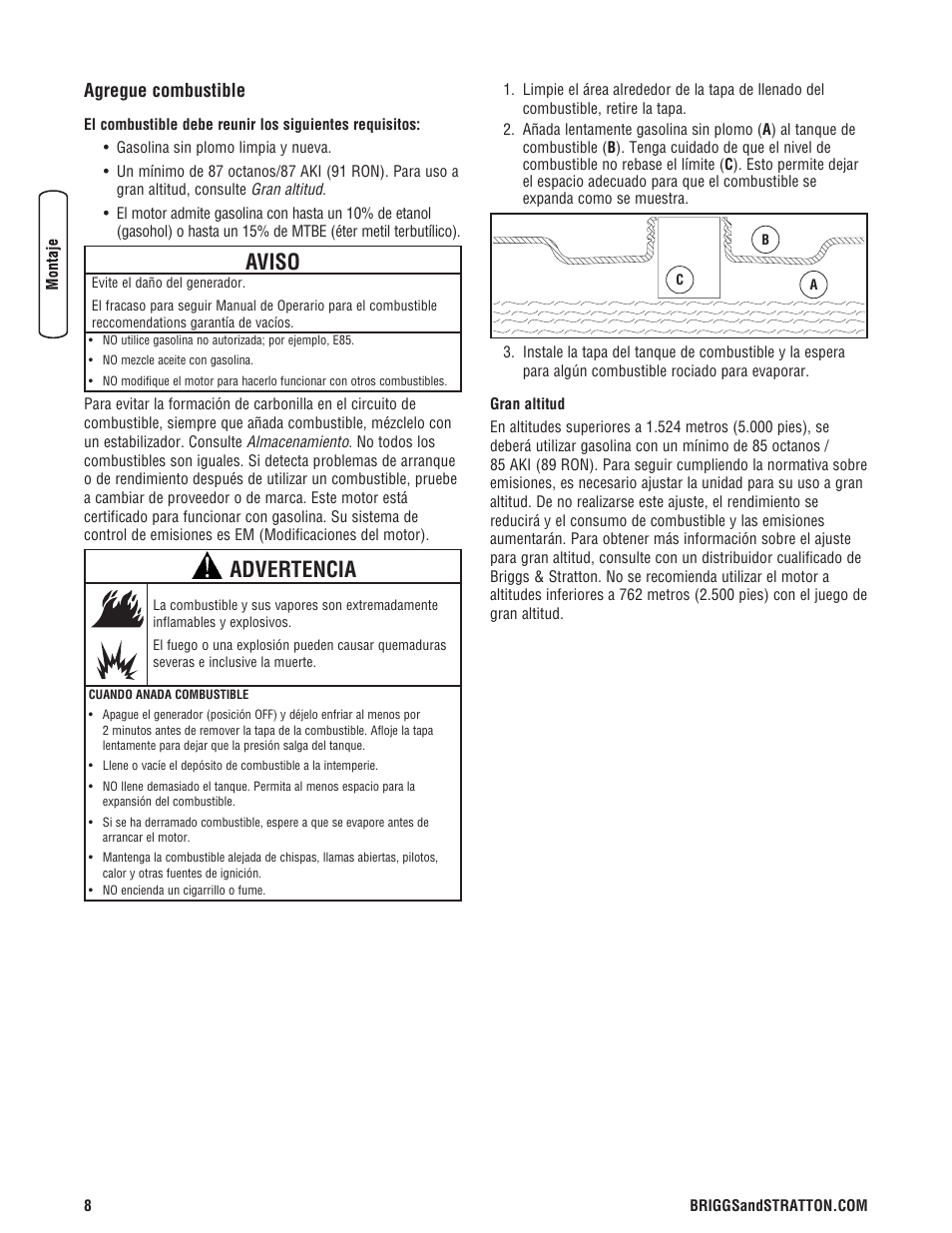 Aviso, Advertencia, Agregue combustible | Briggs & Stratton 206494GS User Manual | Page 32 / 48