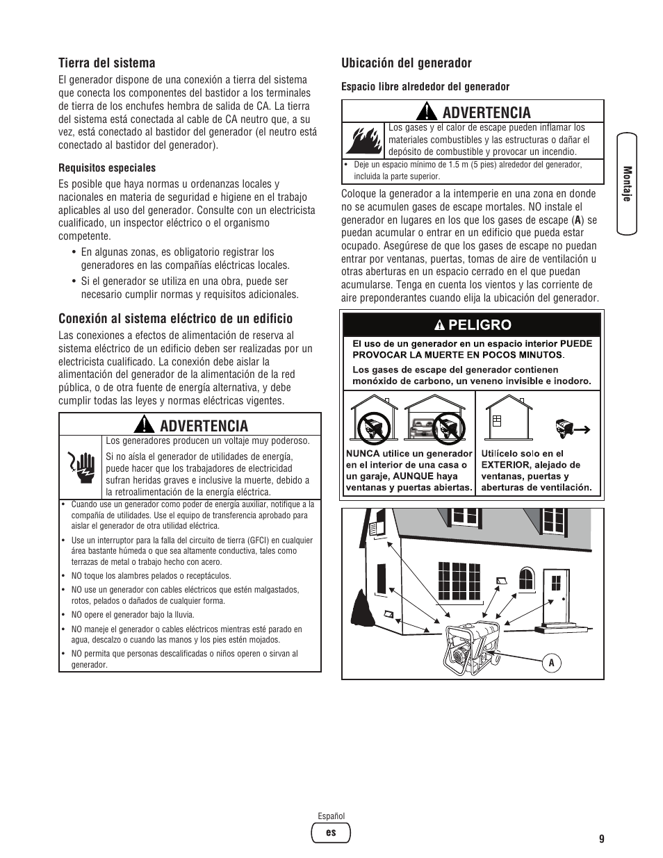 Advertencia, Tierra del sistema, Conexión al sistema eléctrico de un edificio | Ubicación del generador | Briggs & Stratton 206494GS User Manual | Page 33 / 48