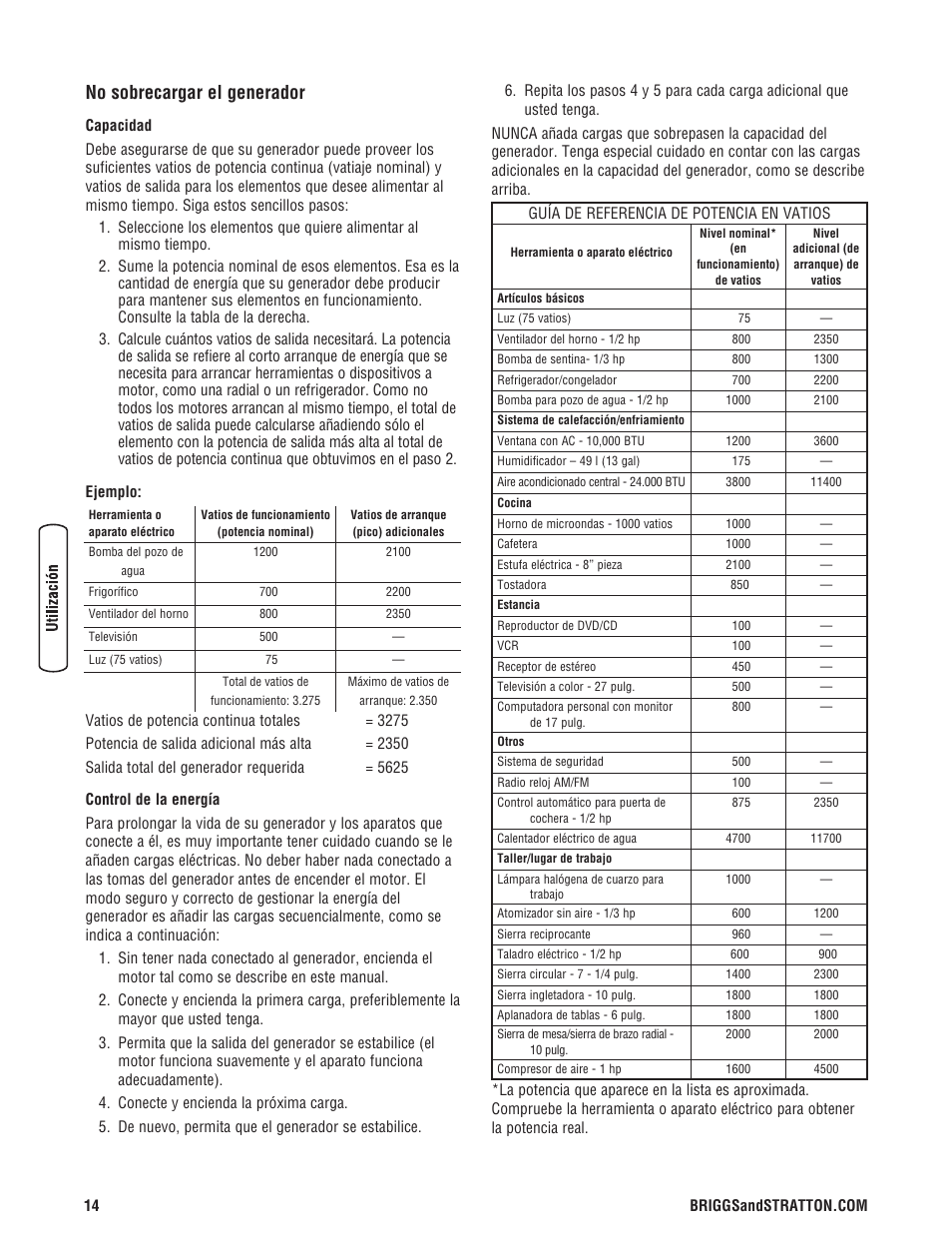 No sobrecargar el generador | Briggs & Stratton 206494GS User Manual | Page 38 / 48