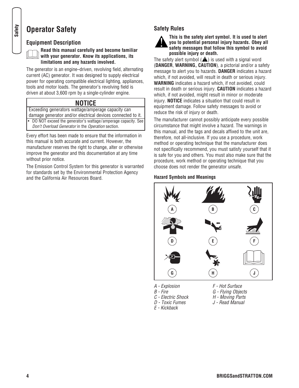 Operator safety, Equipment description safety rules, Notice | Briggs & Stratton 206494GS User Manual | Page 4 / 48