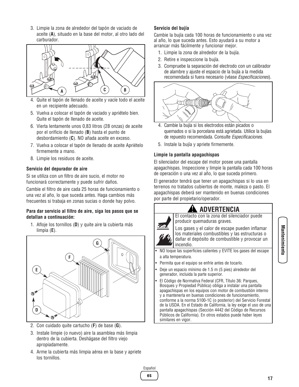 Advertencia | Briggs & Stratton 206494GS User Manual | Page 41 / 48