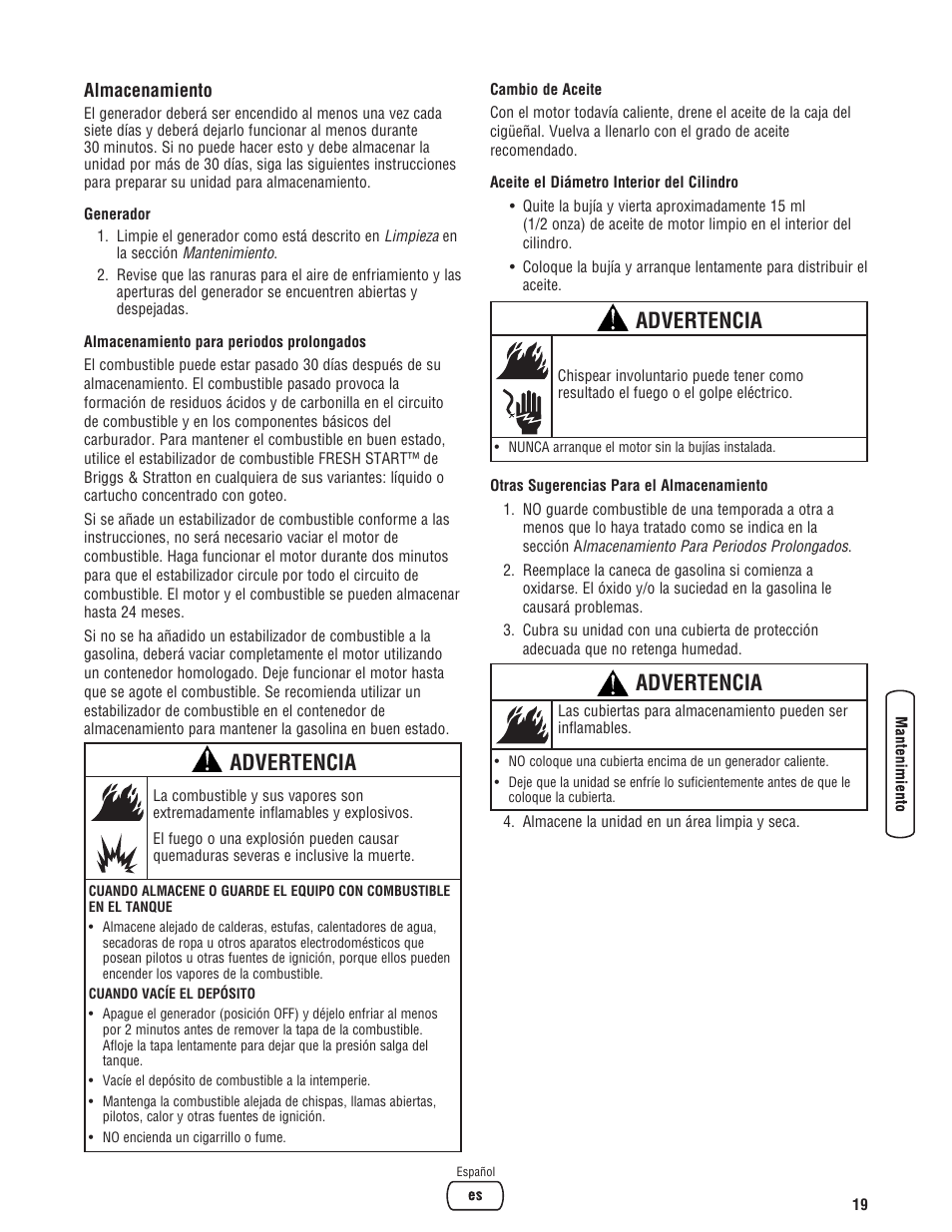 Advertencia | Briggs & Stratton 206494GS User Manual | Page 43 / 48