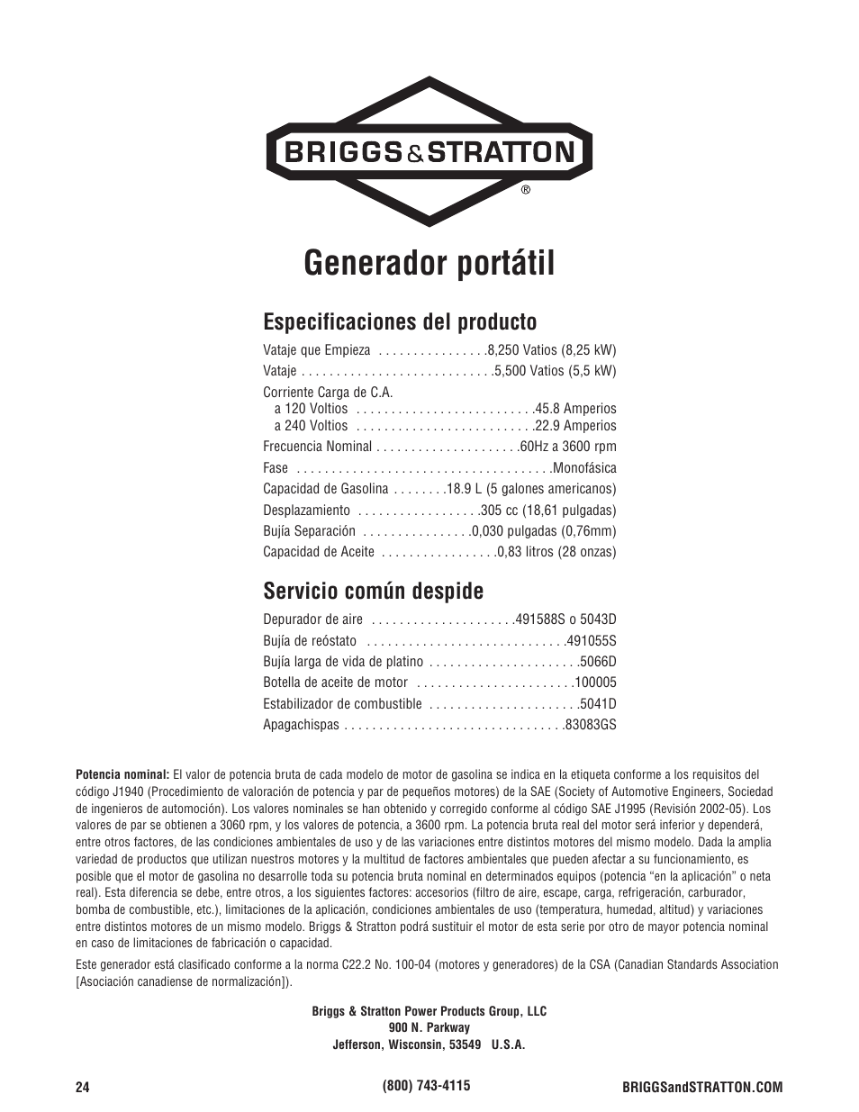 Generador portátil, Especificaciones del producto, Servicio común despide | Briggs & Stratton 206494GS User Manual | Page 48 / 48