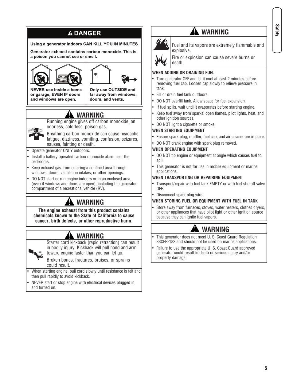 Warning | Briggs & Stratton 206494GS User Manual | Page 5 / 48