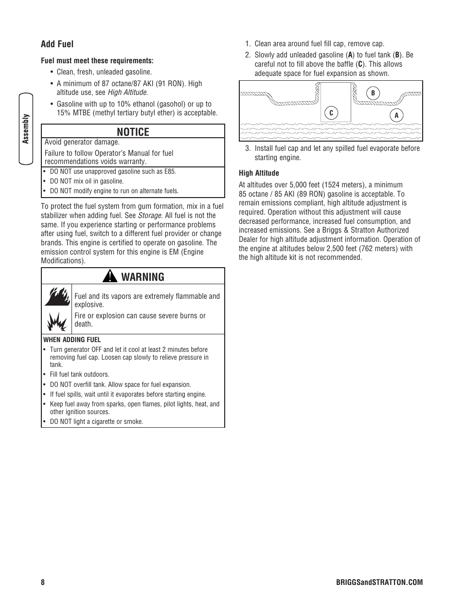 Add fuel, Notice, Warning | Briggs & Stratton 206494GS User Manual | Page 8 / 48