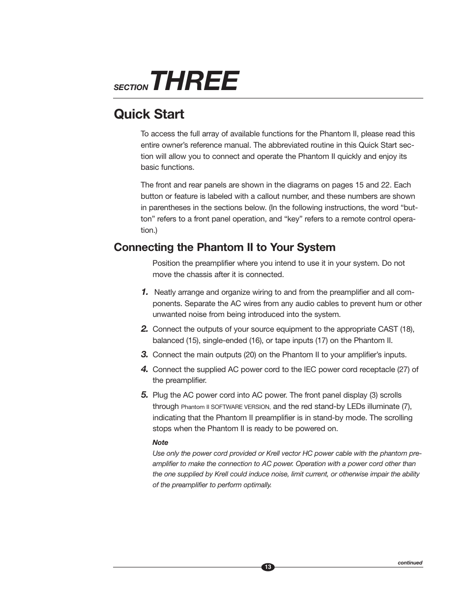Three, Quick start, Connecting the phantom ii to your system | Krell Phantom II Manual User Manual | Page 13 / 49