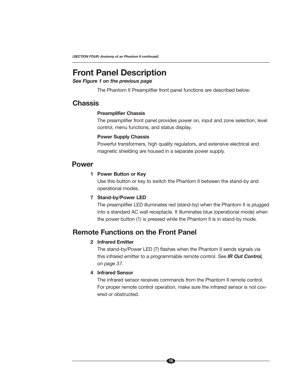 Front panel description, Chassis, Power | Remote functions on the front panel | Krell Phantom II Manual User Manual | Page 16 / 49