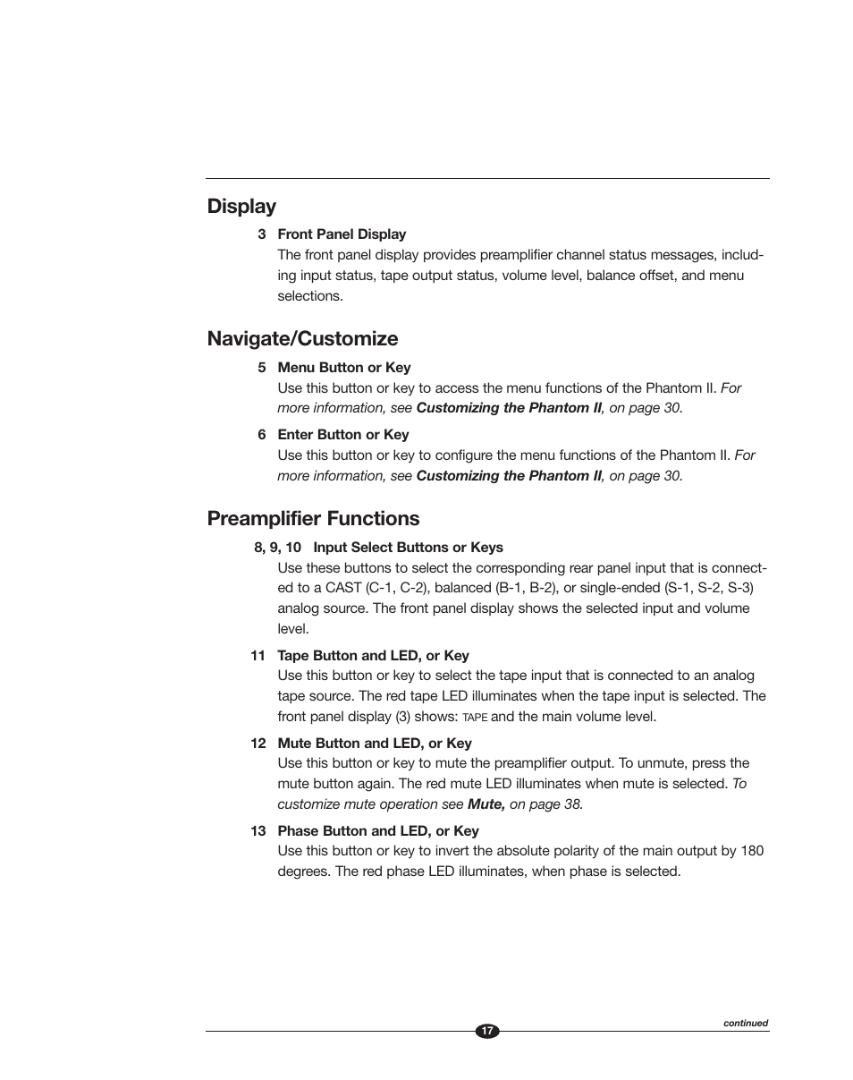 Display, Navigate/customize, Preamplifier functions | Krell Phantom II Manual User Manual | Page 17 / 49