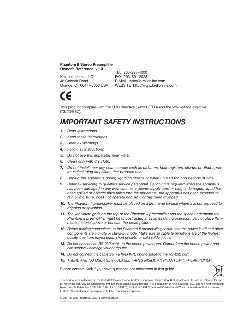 Important safety instructions | Krell Phantom II Manual User Manual | Page 2 / 49