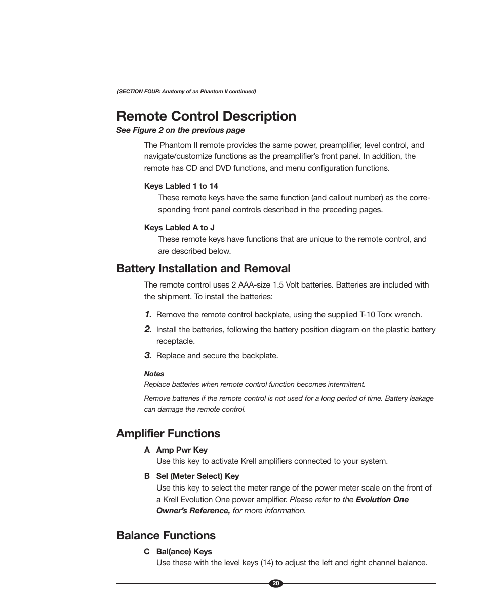 Remote control description, Battery installation and removal, Amplifier functions | Balance functions | Krell Phantom II Manual User Manual | Page 20 / 49