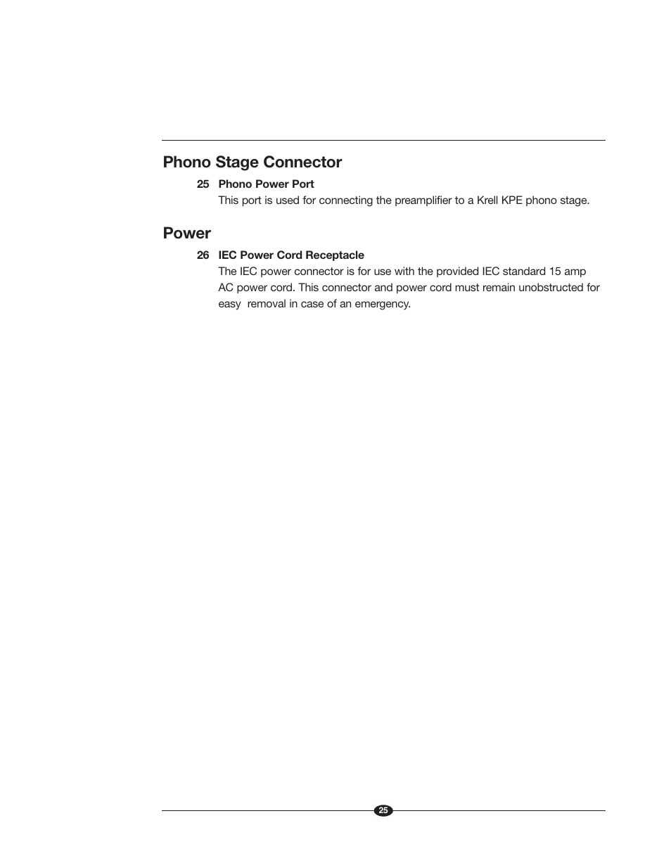 Phono stage connector, Power | Krell Phantom II Manual User Manual | Page 25 / 49