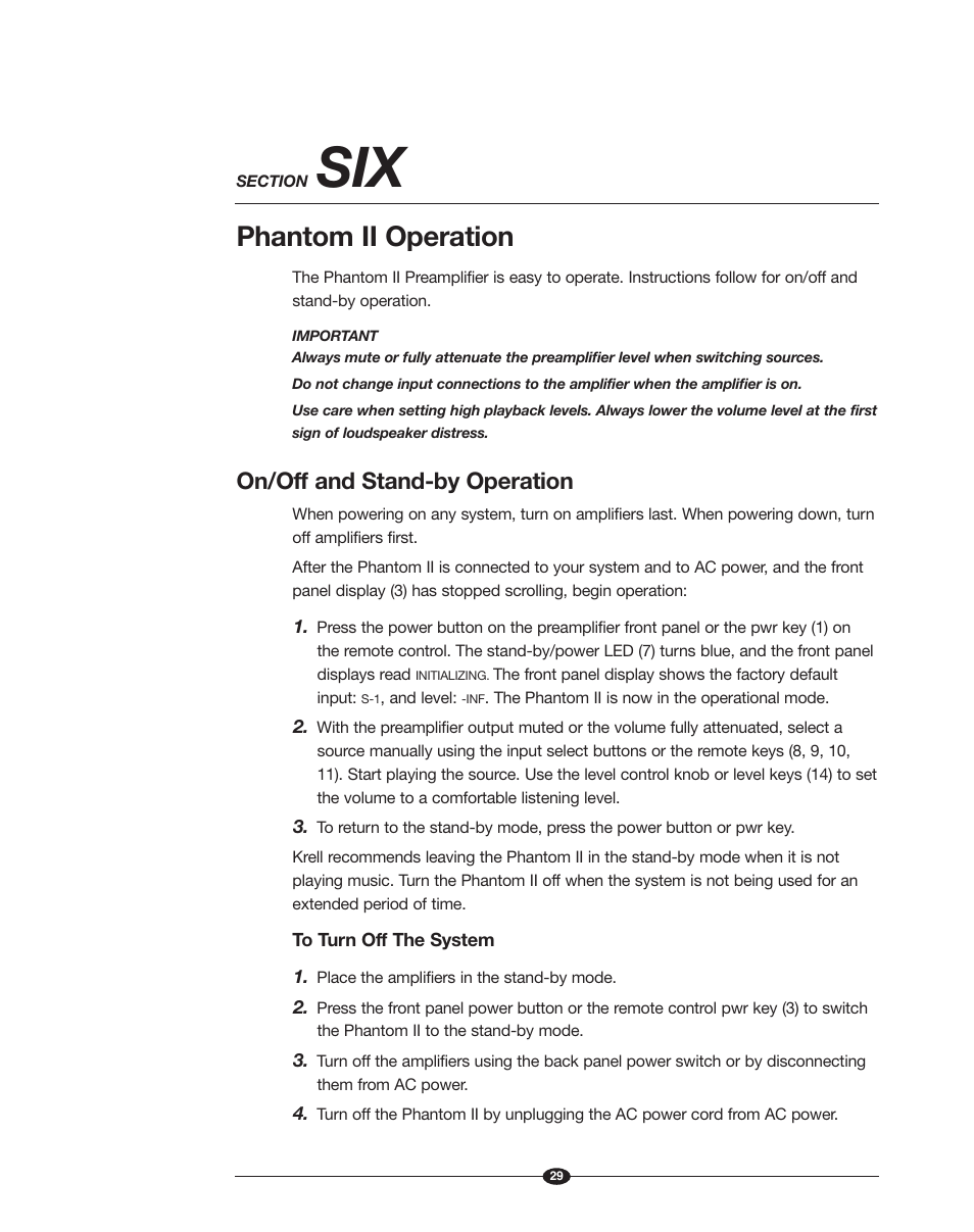 Phantom ii operation, On/off and stand-by operation | Krell Phantom II Manual User Manual | Page 29 / 49