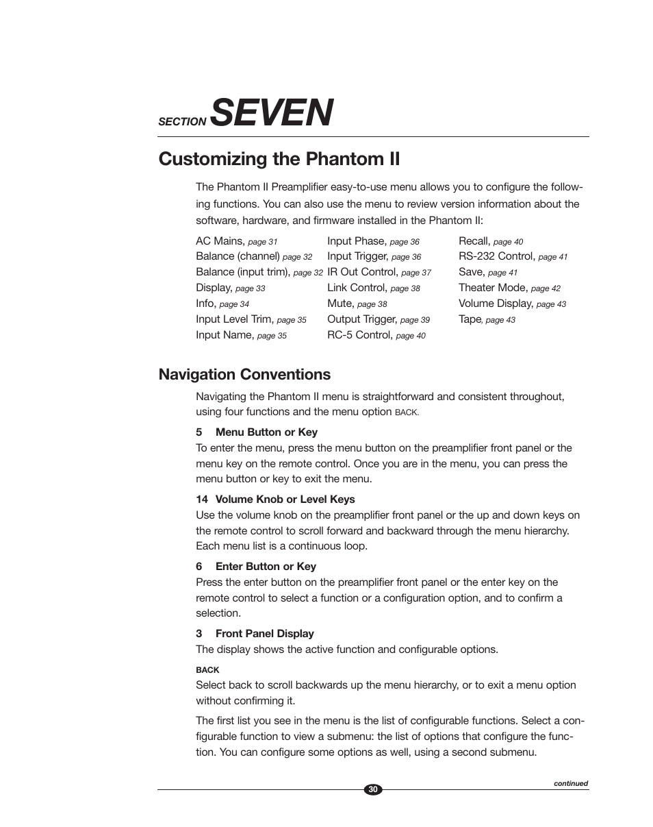 Seven, Customizing the phantom ii, Navigation conventions | Krell Phantom II Manual User Manual | Page 30 / 49