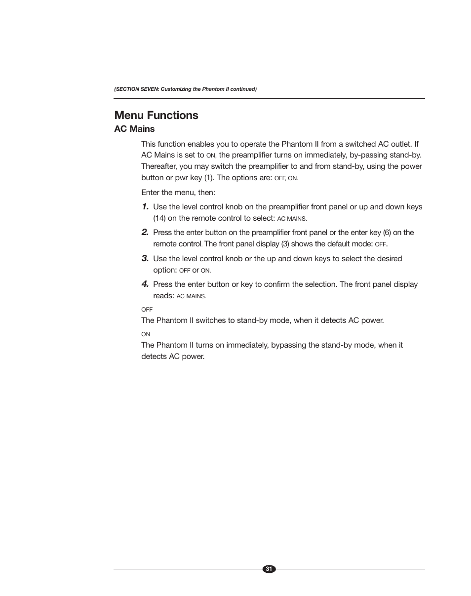 Menu functions | Krell Phantom II Manual User Manual | Page 31 / 49