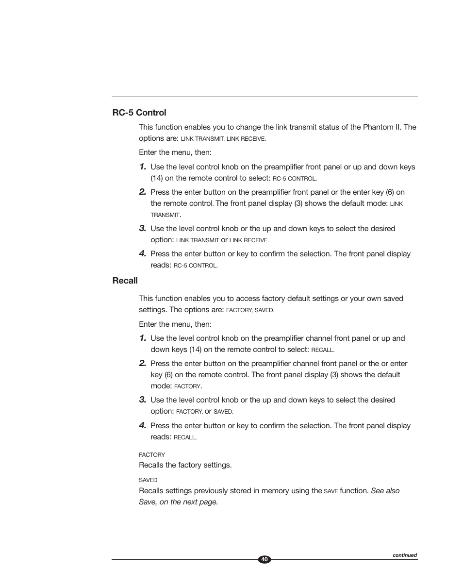 Rc-5 control, Recall | Krell Phantom II Manual User Manual | Page 40 / 49