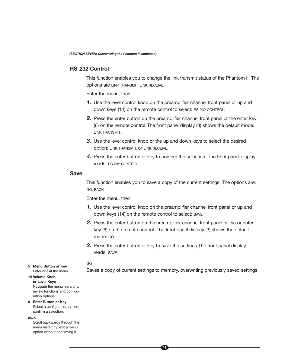Rs-232 control, Save | Krell Phantom II Manual User Manual | Page 41 / 49