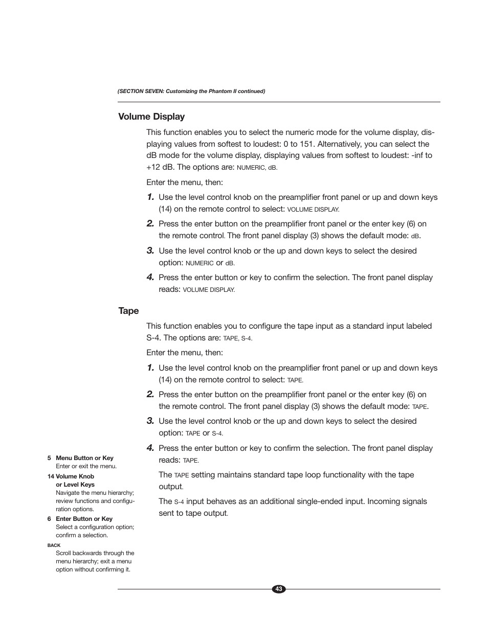 Volume display, Tape | Krell Phantom II Manual User Manual | Page 43 / 49