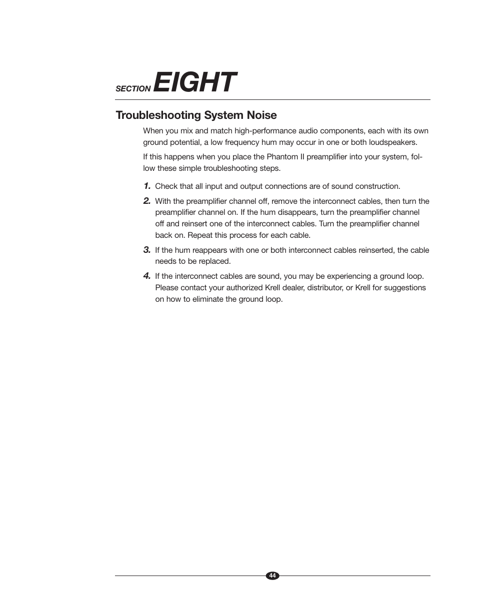 Eight, Troubleshooting system noise | Krell Phantom II Manual User Manual | Page 44 / 49
