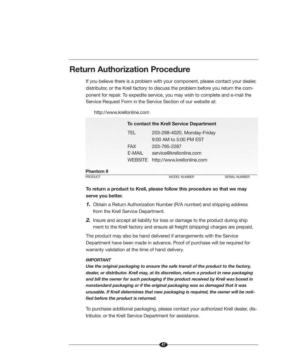Return authorization procedure | Krell Phantom II Manual User Manual | Page 47 / 49