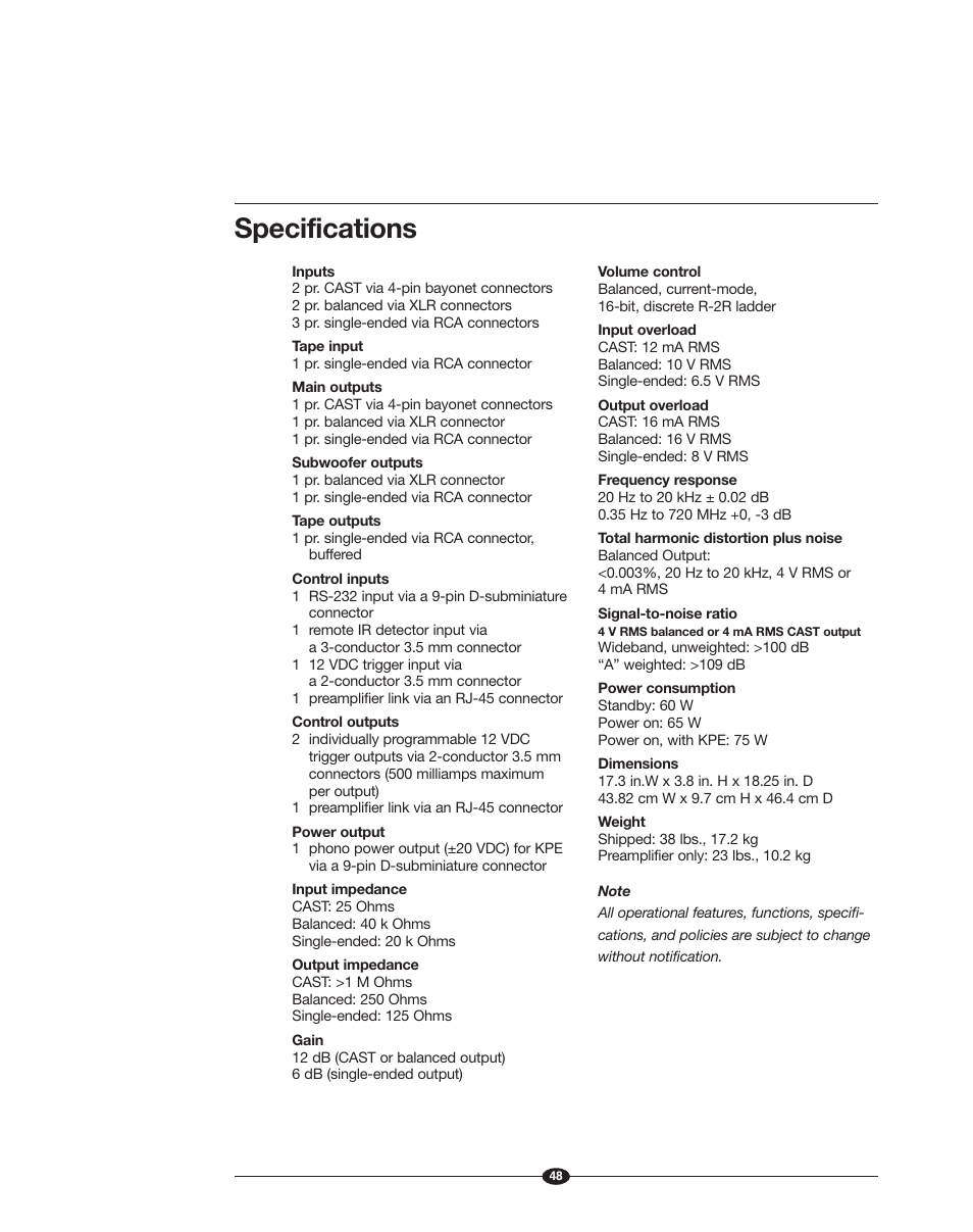 Specifications | Krell Phantom II Manual User Manual | Page 48 / 49
