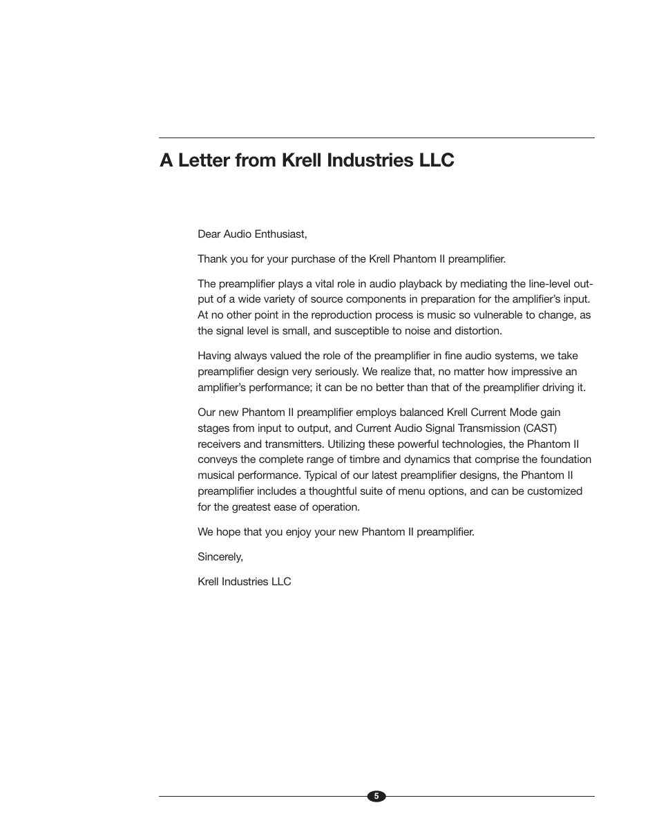 A letter from krell industries llc | Krell Phantom II Manual User Manual | Page 5 / 49