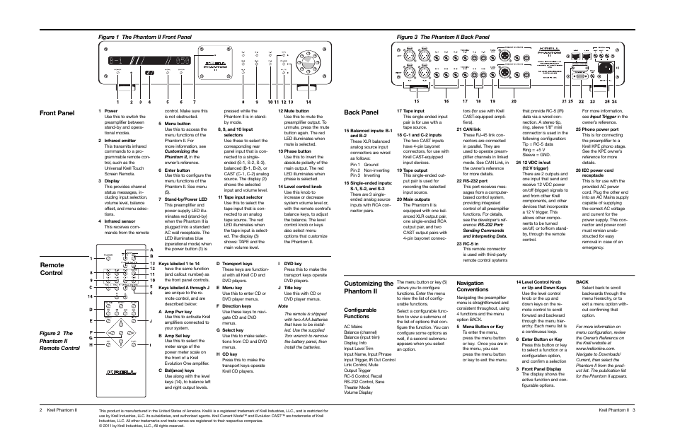 Front panel back panel, Customizing the phantom ii, Remote control | Configurable functions, Navigation conventions | Krell Phantom II Quick Start User Manual | Page 2 / 2