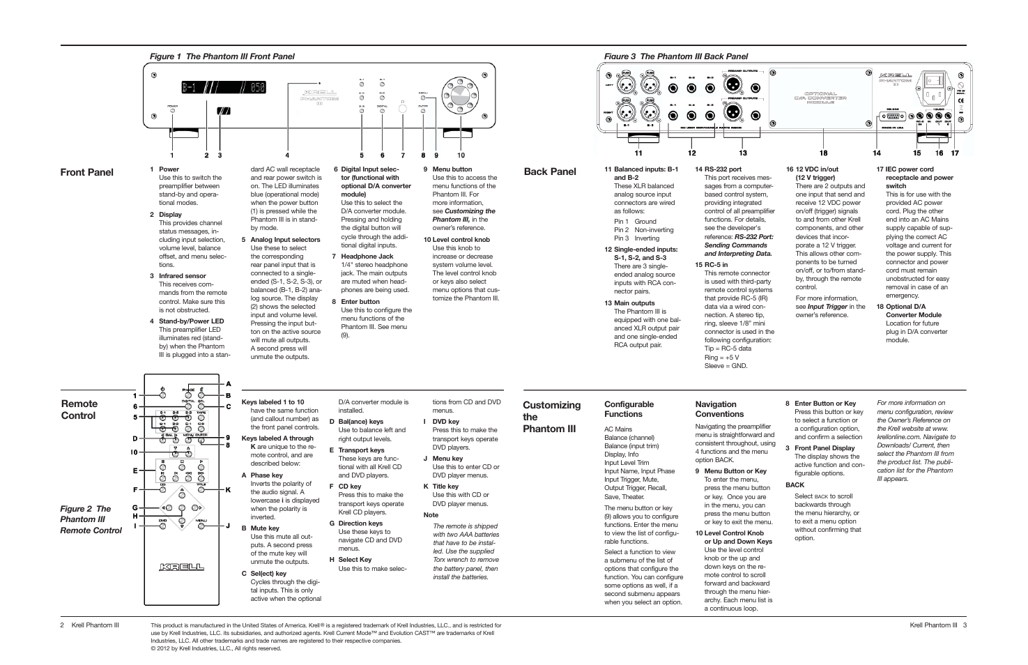 Front panel, Customizing the phantom iii, Remote control back panel | Configurable functions, Navigation conventions | Krell Phantom III User Manual | Page 2 / 2