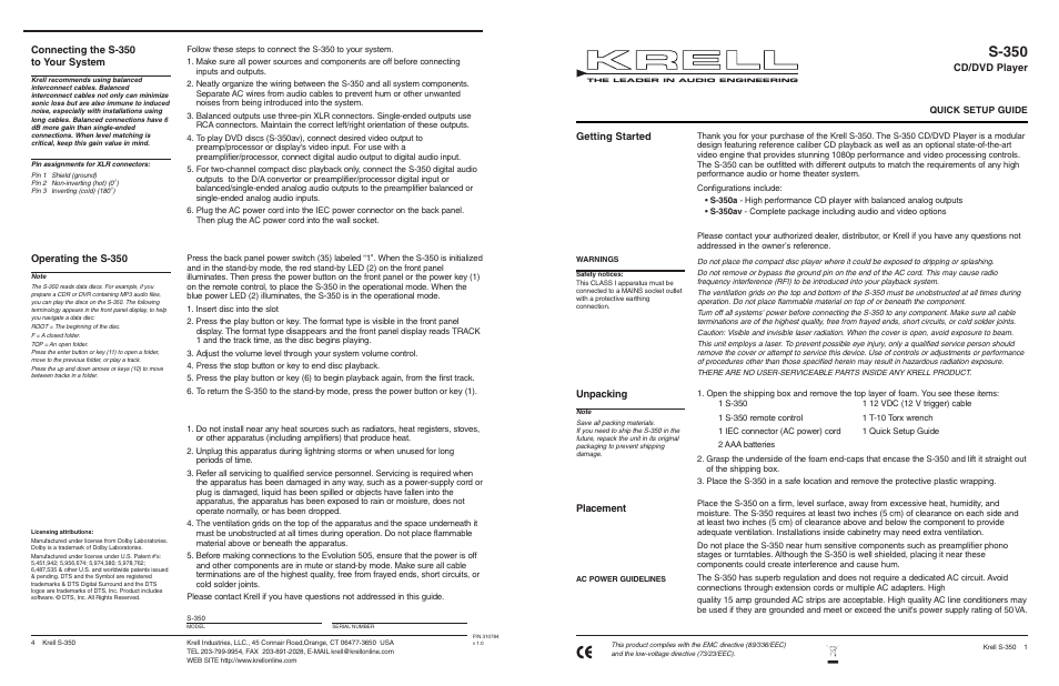 Krell S-350av User Manual | 2 pages