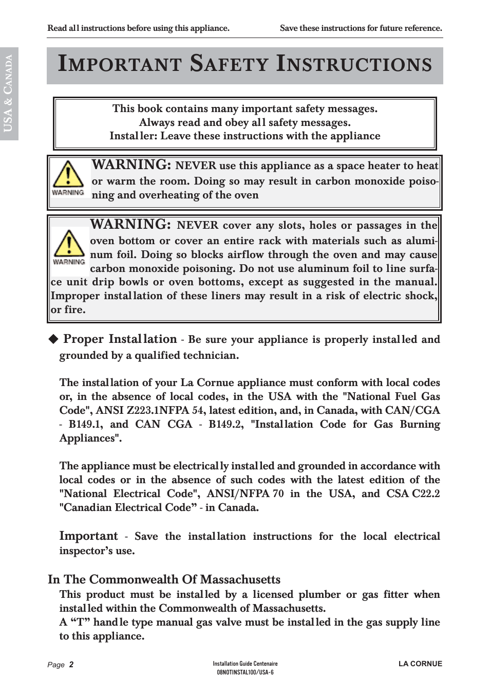 Mportant, Afety, Nstructions | Warning | La Cornue Château 75 User Manual | Page 4 / 58