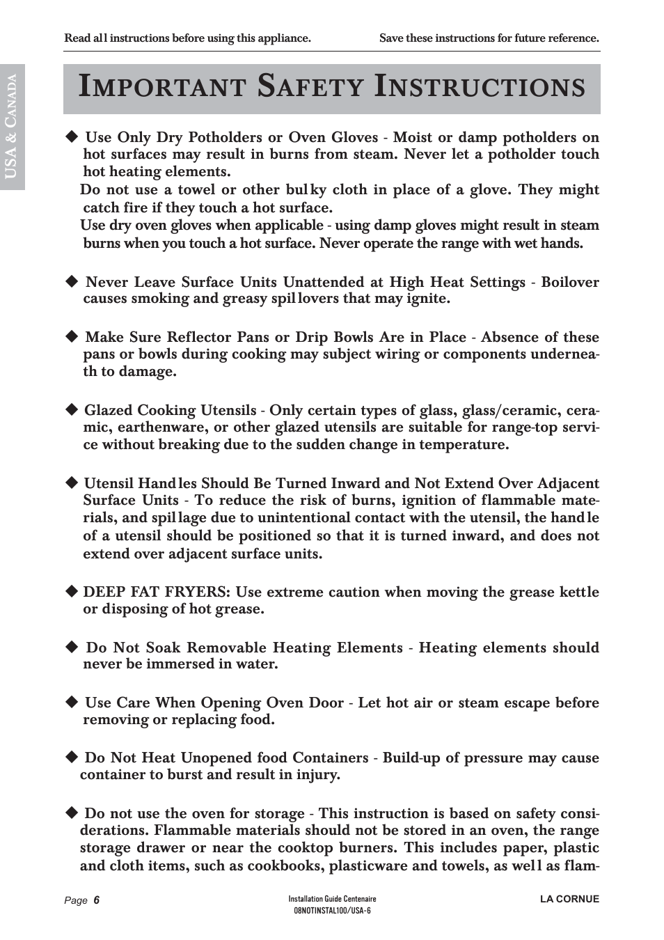 Mportant, Afety, Nstructions | La Cornue Château 75 User Manual | Page 8 / 58