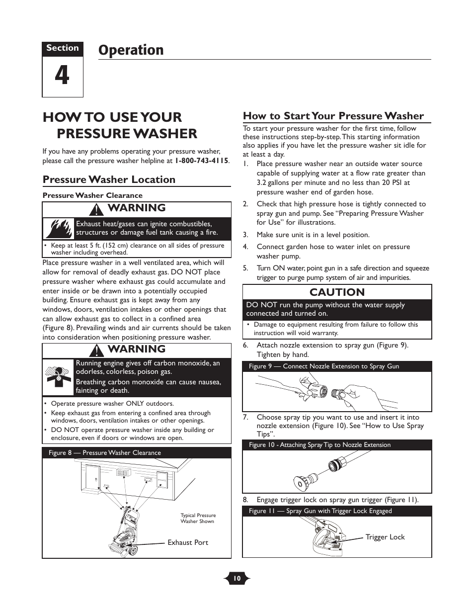 How to use your pressure washer, Operation, Pressure washer location | How to start your pressure washer, Caution, Warning | Briggs & Stratton 20289 User Manual | Page 10 / 36