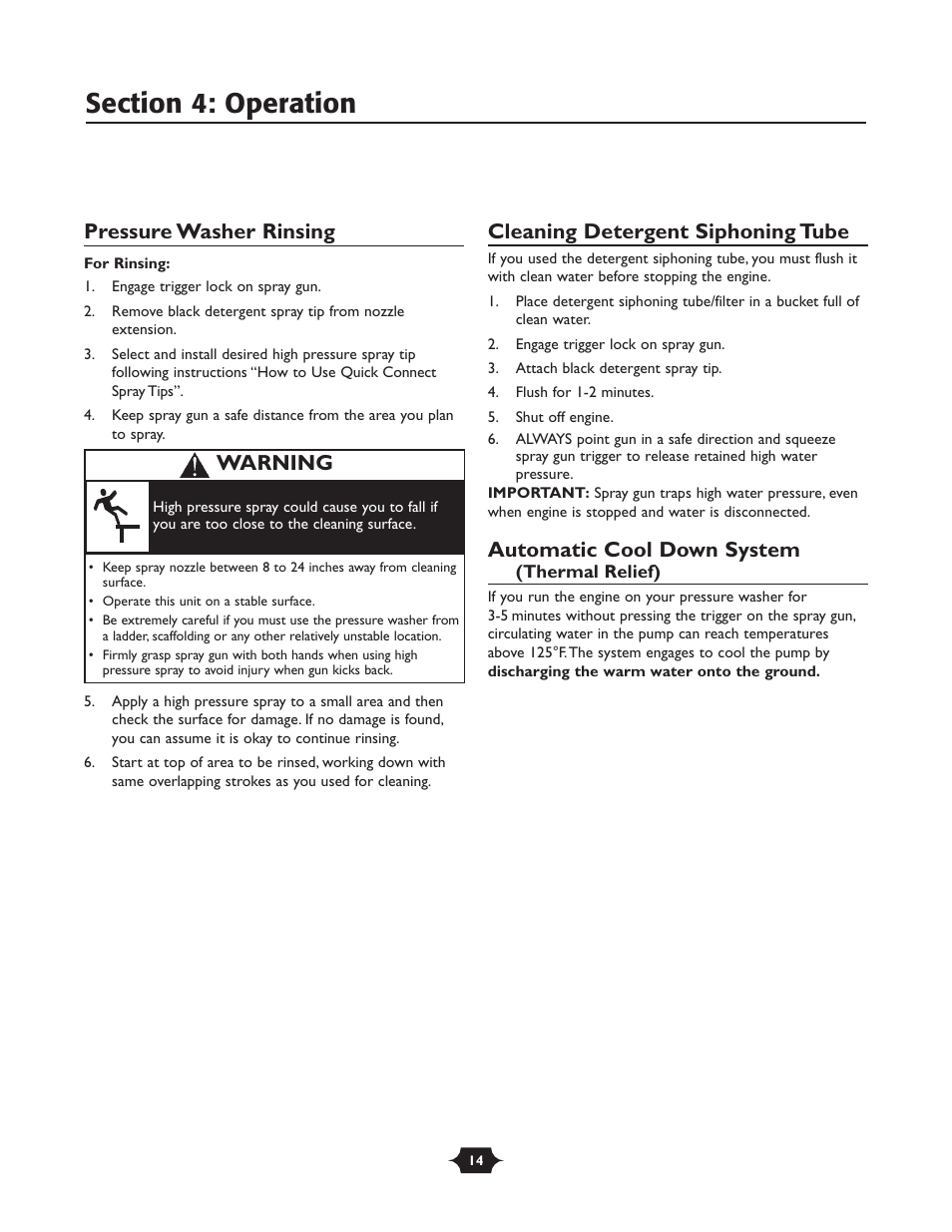Pressure washer rinsing, Cleaning detergent siphoning tube, Automatic cool down system | Warning | Briggs & Stratton 20289 User Manual | Page 14 / 36