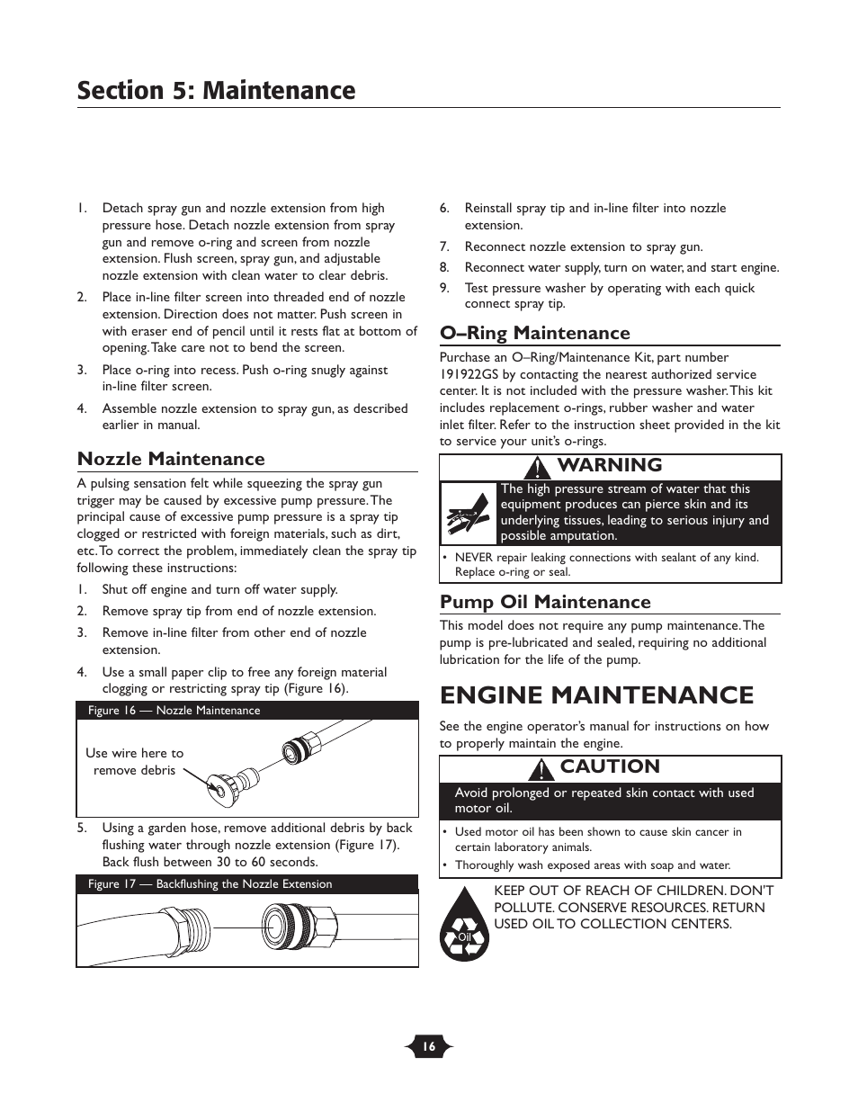 Engine maintenance, Nozzle maintenance, O–ring maintenance | Pump oil maintenance, Warning, Caution | Briggs & Stratton 20289 User Manual | Page 16 / 36