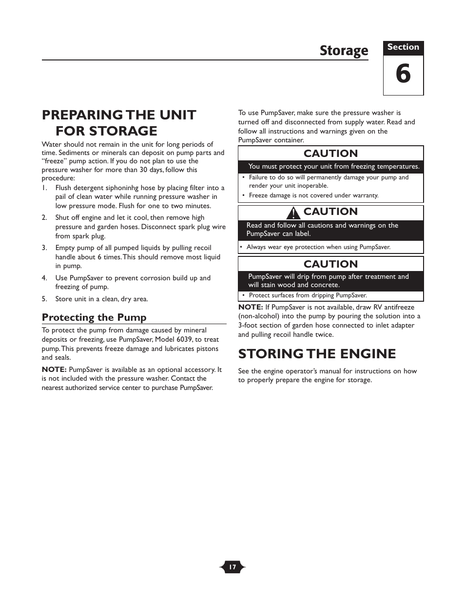 Preparing the unit for storage, Storing the engine, Storage | Briggs & Stratton 20289 User Manual | Page 17 / 36
