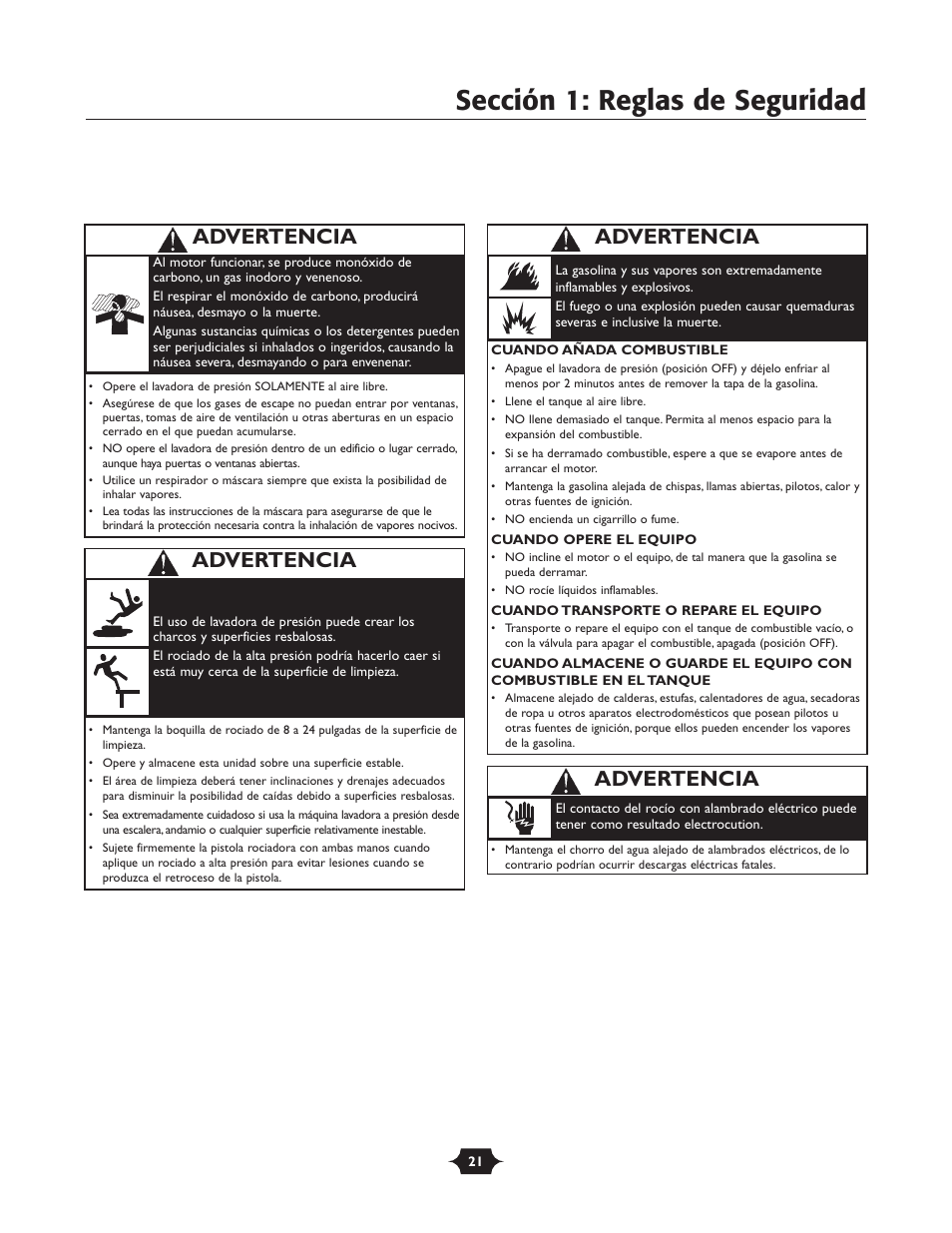 Sección 1: reglas de seguridad, Advertencia | Briggs & Stratton 20289 User Manual | Page 21 / 36