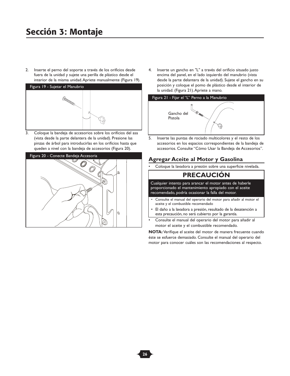 Sección 3: montaje, Precaución | Briggs & Stratton 20289 User Manual | Page 26 / 36
