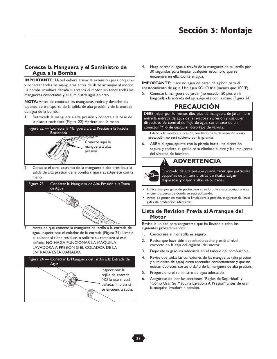 Sección 3: montaje, Precaución, Advertencia | Briggs & Stratton 20289 User Manual | Page 27 / 36