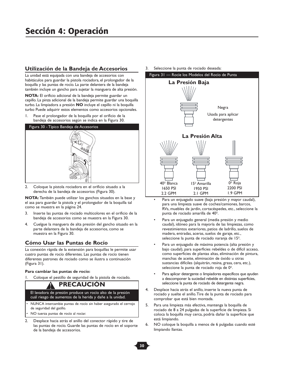 Sección 4: operación, Precaución | Briggs & Stratton 20289 User Manual | Page 30 / 36