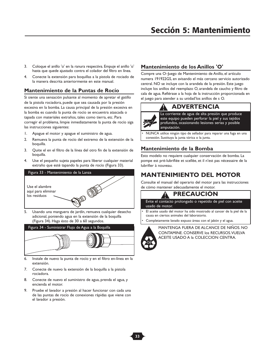 Sección 5: mantenimiento, Mantenimiento del motor, Advertencia | Precaución | Briggs & Stratton 20289 User Manual | Page 33 / 36