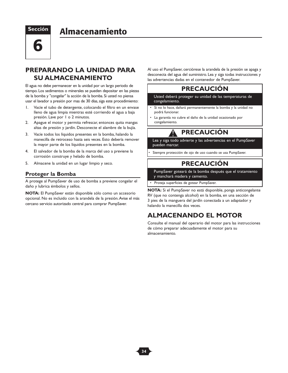 Almacenamiento, Preparando la unidad para su almacenamiento, Almacenando el motor | Precaución | Briggs & Stratton 20289 User Manual | Page 34 / 36