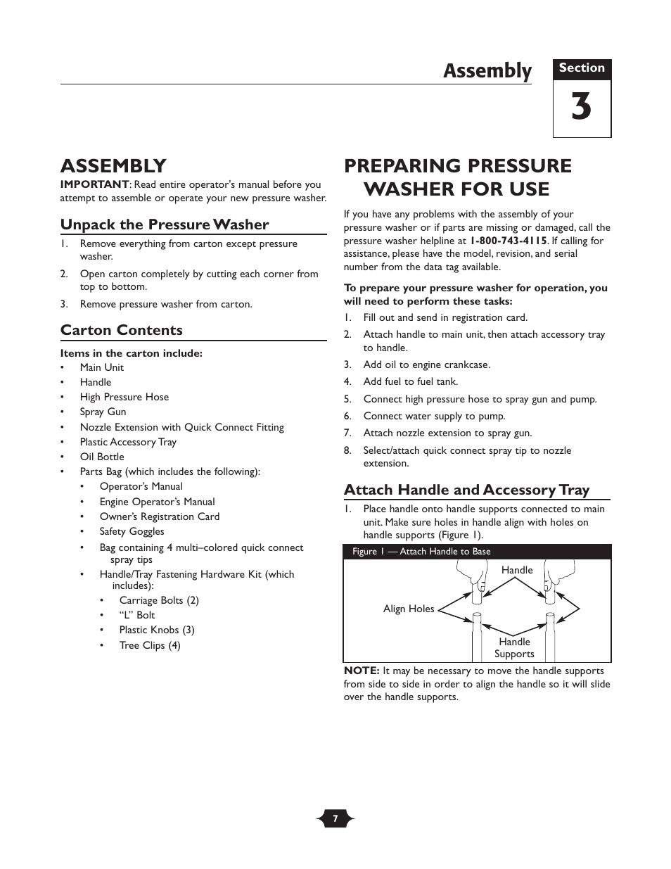 Assembly, Preparing pressure washer for use, Unpack the pressure washer | Carton contents, Attach handle and accessory tray | Briggs & Stratton 20289 User Manual | Page 7 / 36