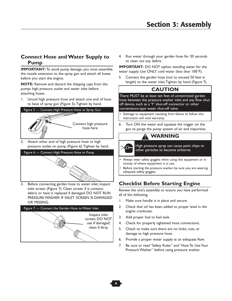 Connect hose and water supply to pump, Checklist before starting engine, Caution | Warning | Briggs & Stratton 20289 User Manual | Page 9 / 36