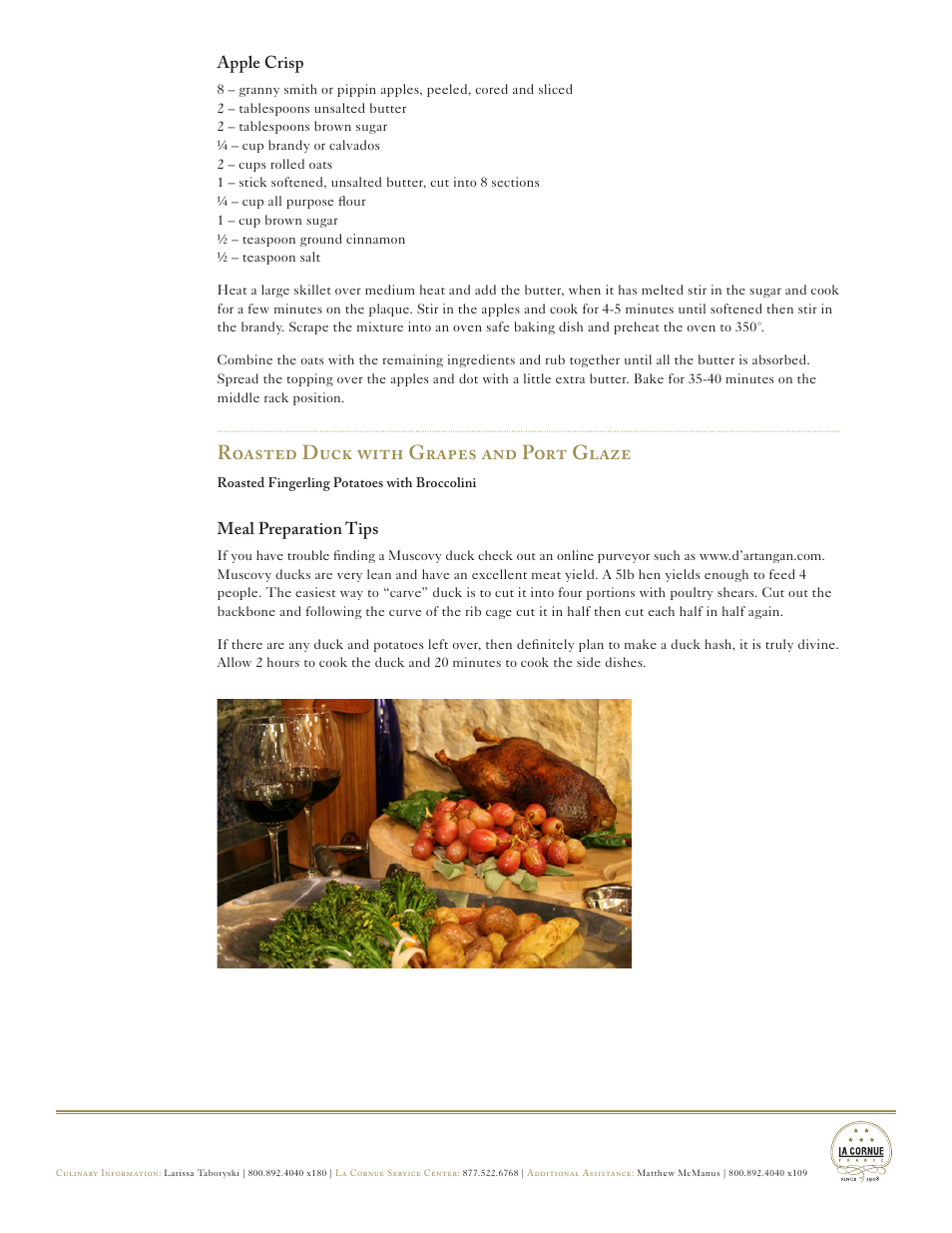 Roasted duck with grapes and port glaze, Apple crisp, Meal preparation tips | La Cornue Château Series - Cooking Tips, Recipes & Cleaning User Manual | Page 21 / 36